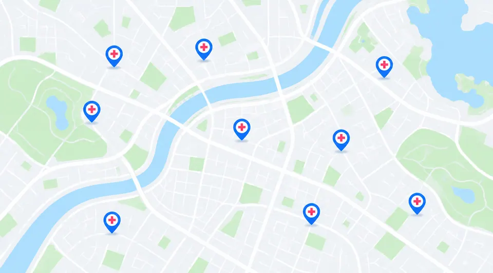 City map showing nearby healthcare facility locations