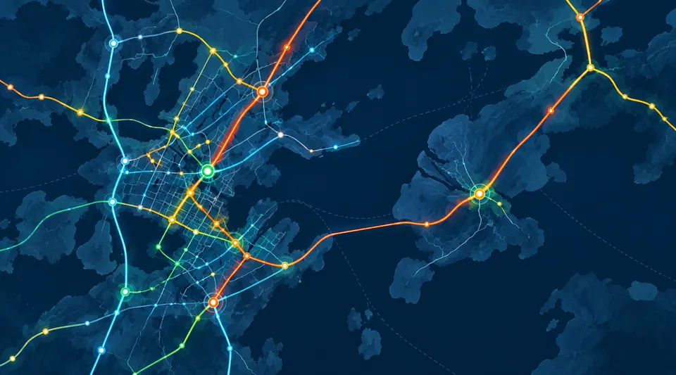 Transport network map with connected routes and hubs
