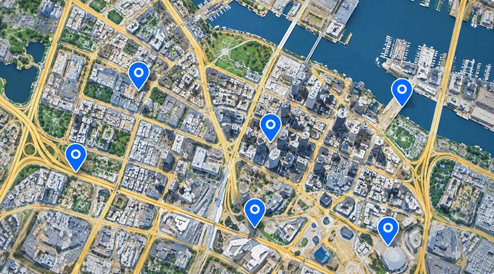 City map with multiple business location pins