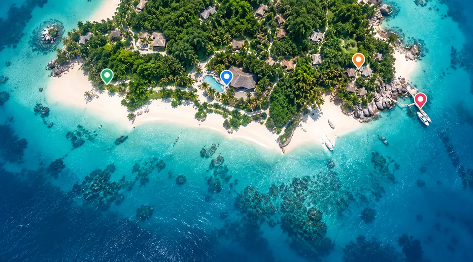 Tropical island resort with mapped points of interest