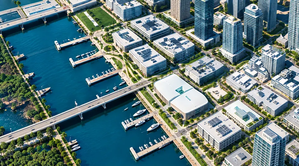 Aerial view of a planned waterfront city