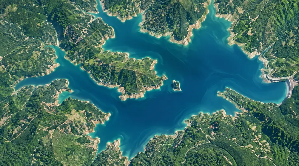 Aerial view of a reservoir and surrounding watershed